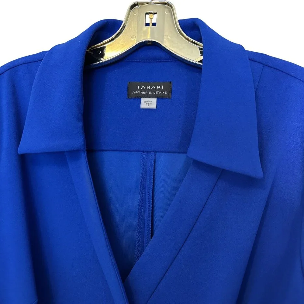 Tahari Arthur S. Levine Blue Belted Midi Faux Wrap Dress Collared Neck - Picture 3 of 11